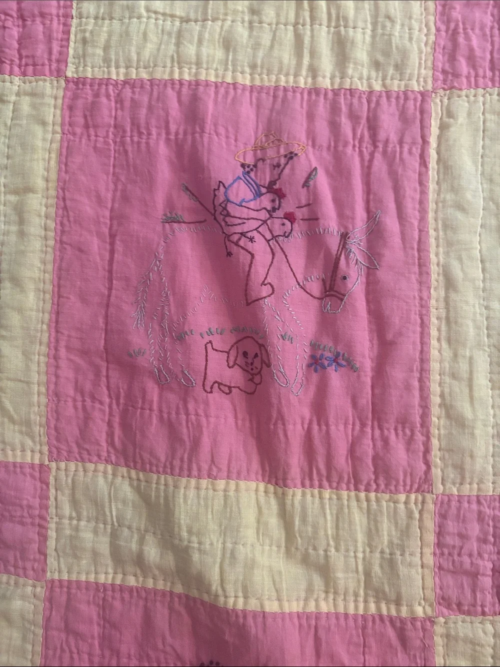Vintage Pink and Yellow Patchwork Baby Quilt with Embroidered Design